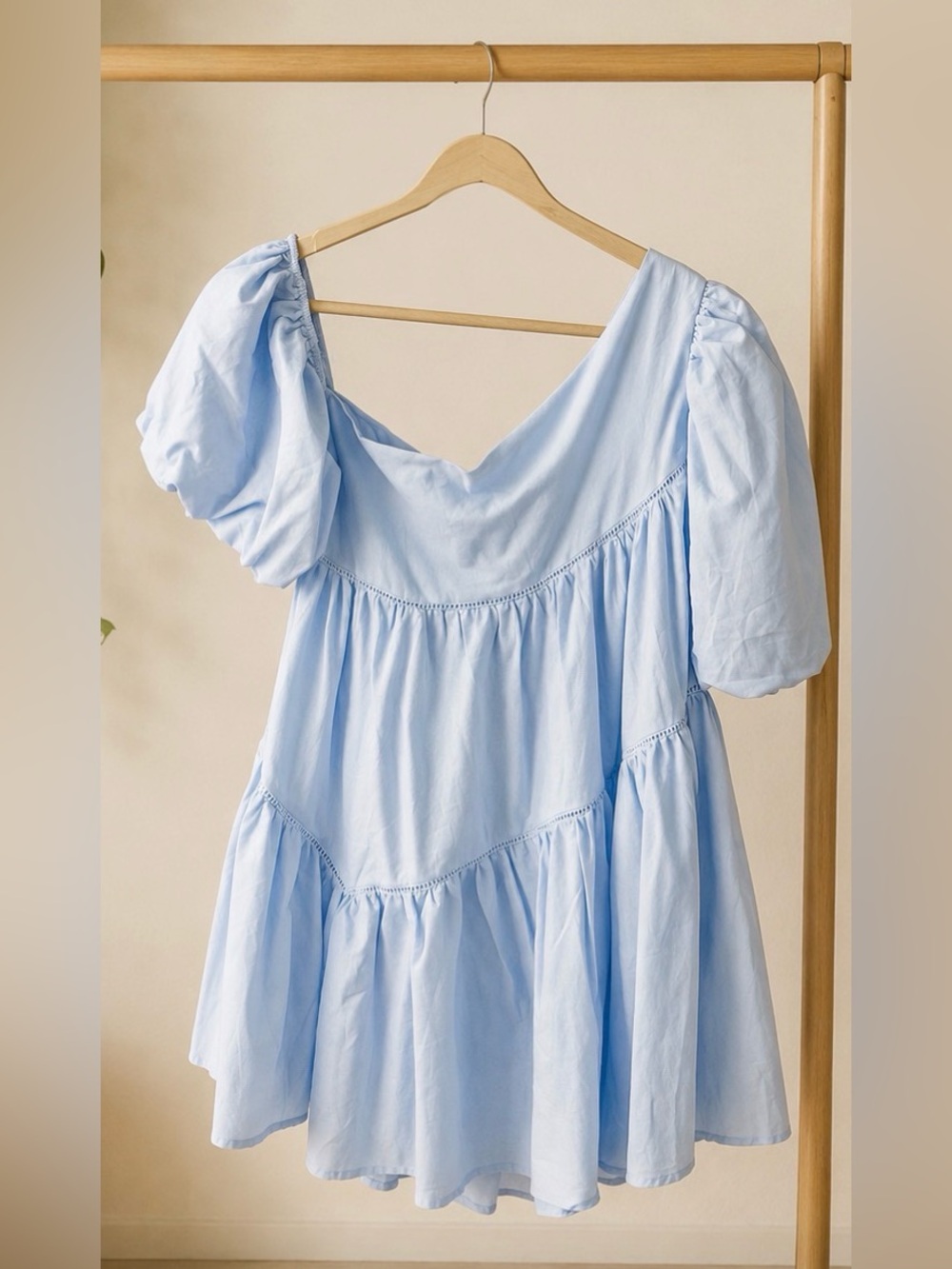 Light blue Harleen Mini Dress - Linen Look Asymmetrical Trim - Puff Sleeve Dress